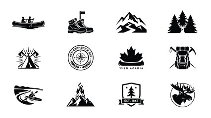 Fototapeta premium Black and white illustration set showcasing outdoor adventure icons