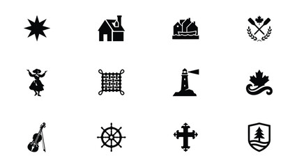Nine minimalist icons representing diverse themes for branding symbolism and creative projects in black © PRITOM
