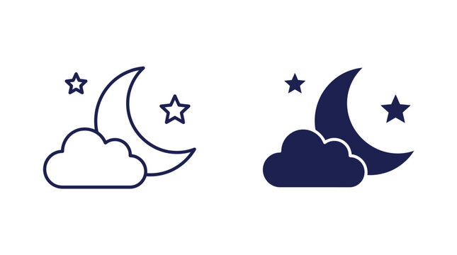 Minimalist dark blue moon and cloud icons featuring simple outlines and solid flat vector shapes