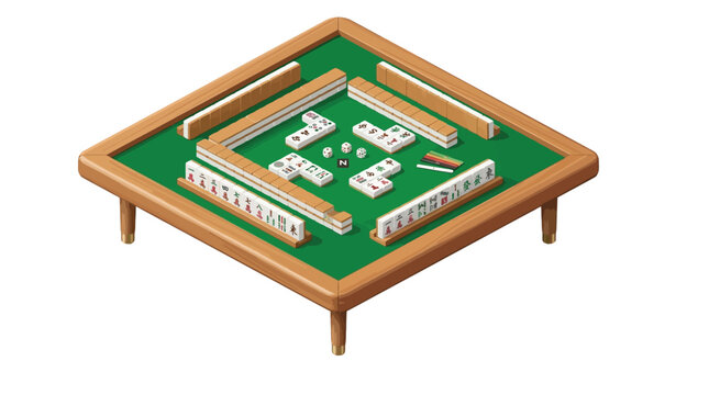Isometric vector illustration featuring a wooden mahjong table with tiles and dice for competitive board gaming
