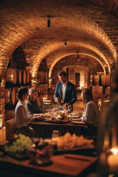 Enjoying a wine cellar tour experience in a luxury hotel with guided tastings and food pairings at a cozy stone venue during evening hours