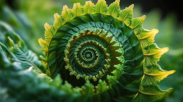 Macro close-up of a spiral unfurling fern frond with layered vibrant green leaflets and soft blurred background, evoking a serene, mesmerizing sense of growth