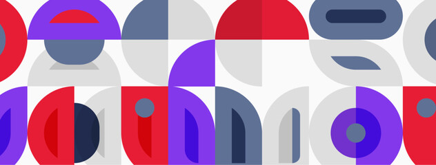 Obraz premium Abstract geometric pattern. Circles, rectangles, squares repeat creating modern design. Colors include red, purple, gray, blue.