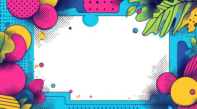 vibrant pop art frame with colorful halftone circles, tropical leaves and comic dots surrounding a blank white center, playful energetic mood