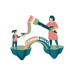 Fototapeta premium Girls painting a bridge between floating islands.