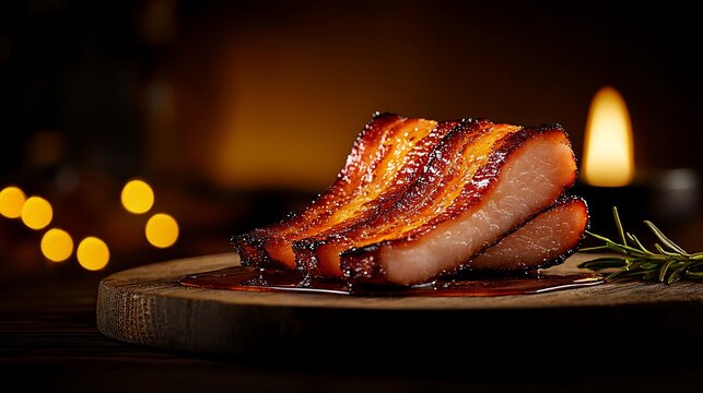 Grilled bacon slices, rich glaze, rustic setting