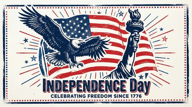 Animated Independence Day celebration with eagle, flag, and Statue of Liberty torch in vintage graphic style.