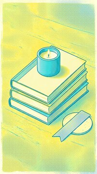 Lit candle on a stack of books with vintage halftone texture