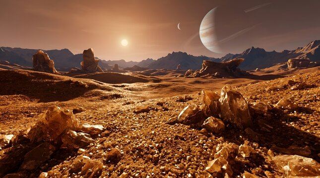 Alien planet landscape with red rocky terrain, two moons in a hazy sky, and a distant ringed gas giant planet, sci-fi concept art