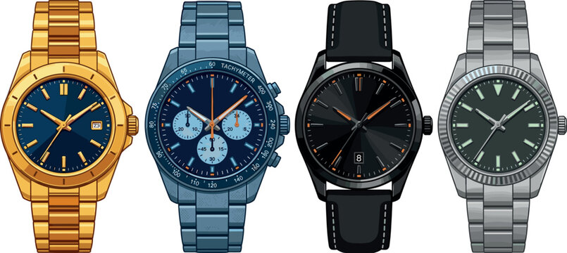 Luxury Men Wristwatch Collection Vector Set Featuring Gold Steel Blue Chronograph Black Leather Strap and Silver Classic Watch Icons for Accessory Store Branding