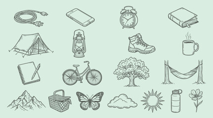 Fototapeta premium Collection of hand-drawn outdoor and camping icons on a light green background.