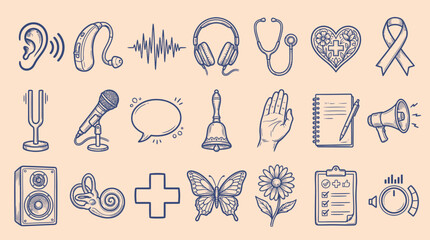 Collection of Medical and Health Related Icons and Symbols on a Beige Background. © KN collection