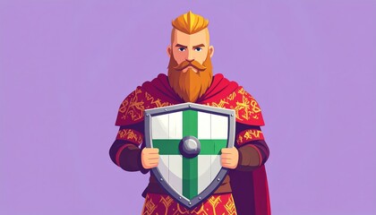 Fototapeta premium Viking Warrior Holding Shield - A Digital Illustration of a Bearded Man in Armor.