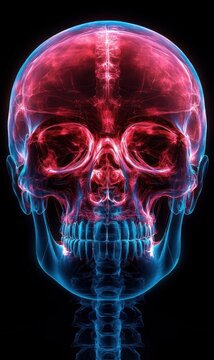Front-facing neon x-ray of a human skull and upper cervical spine glowing red and blue, translucent bones and teeth with an eerie, intense clinical atmosphere