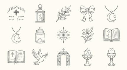 Naklejka premium Collection of religious and spiritual symbols, including crosses, holy books, and doves, presented in a delicate line art style.