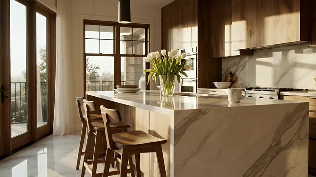 Bright Contemporary Kitchen with Marble Island and Wooden Cabinets Bathed in Sunlight