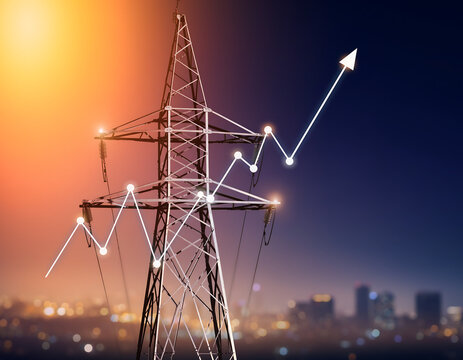 An electricity pylon stands before an urban backdrop symbolizing energy demand and progress concept. 
