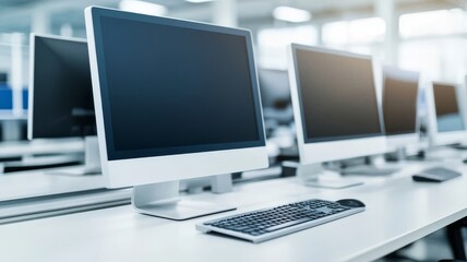 Fototapeta premium Modern office computer workspace with rows of desktop monitors and keyboards for professional business operations and productivity.