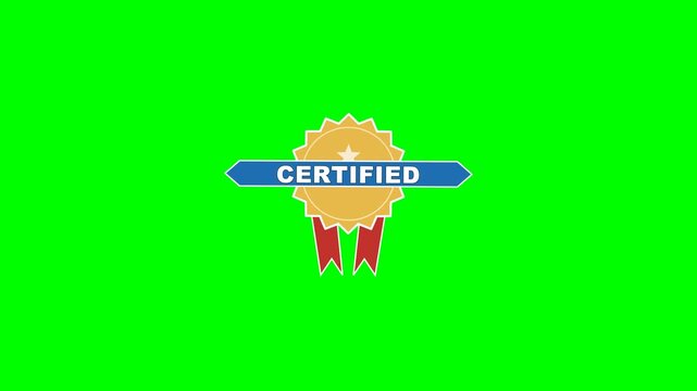 4K green screen CERTIFIED animated title - an award rosette medallion with ribbon tails pops in, kinetic typography motion graphics intro overlay, chroma key