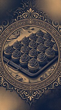 Vintage cupcakes on a tray inside an ornate circular frame