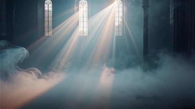 Elegant swirling smoke and fog abstract background, volumetric god rays, dark moody to bright, seamless loop 4K