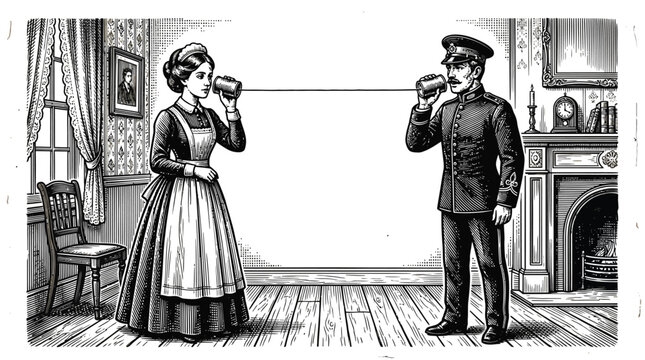 Victorian maid and soldier communicating using a vintage tin can string telephone in black white engraving