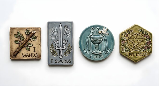 Clay Style Tarot Icons Flat Lay: Wands, Swords, Cups, and Pentacles on White Background