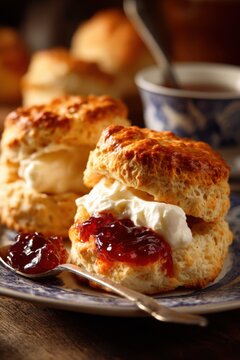 Closeup view of a scone being broken open to reveal cream and jam, served on a plate with a spoon and tea beside it during an afternoon gathering at a cozy cafe in the city