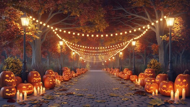Spooky halloween decorations on a cobblestone street at night with jackolanterns and lights