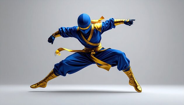 Dynamic Ninja in Blue and Gold Costume Performing Martial Arts Pose.