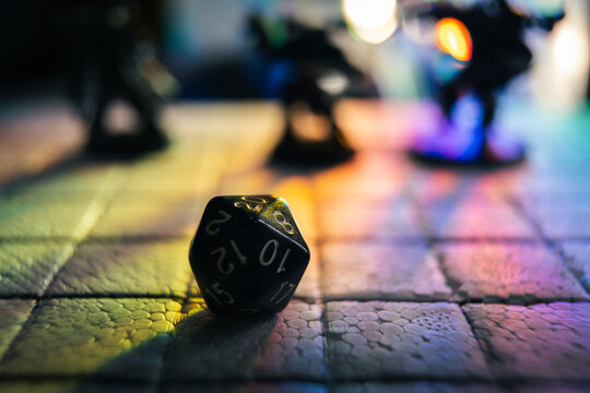 D20 Dice on Decorated Table for Fantasy Board Game