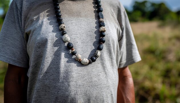 Close-up image of an indigenous man wearing a traditional handmade beaded necklace