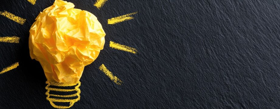 Crumbled yellow paper forms a lightbulb with yellow rays on a dark surface