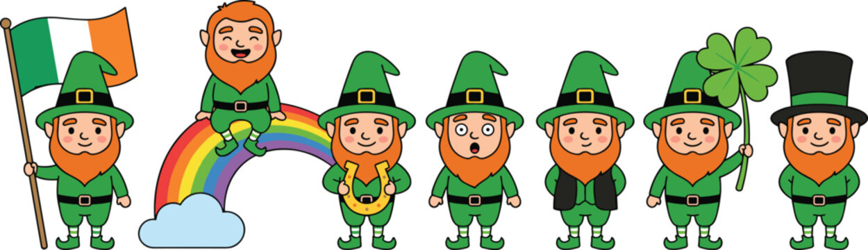 St Patricks Day cute leprechaun cartoon character set with Irish flag rainbow horseshoe clover vector illustration collection