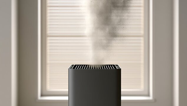 Black humidifier emits fine mist into sunlight near window blinds