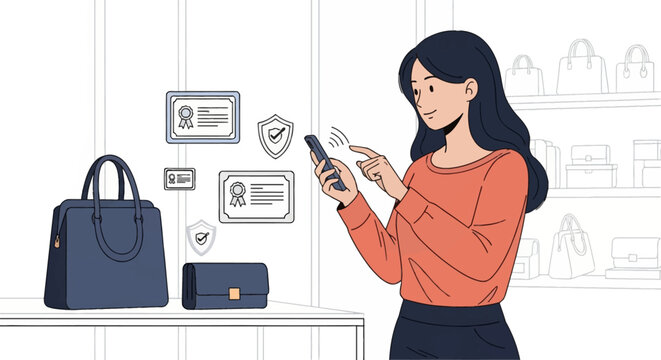 Woman using smartphone app to verify authenticity of luxury handbag and wallet in store featuring digital certificate icons and security shields in vector style.