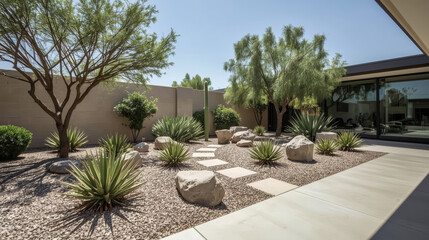 Fototapeta premium Desert garden courtyard with sculptural agave, boulders and stepping stones under blue sky