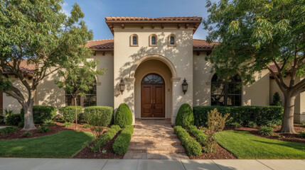 Fototapeta premium Mediterranean house entrance with arched doorway, tile roof and manicured garden
