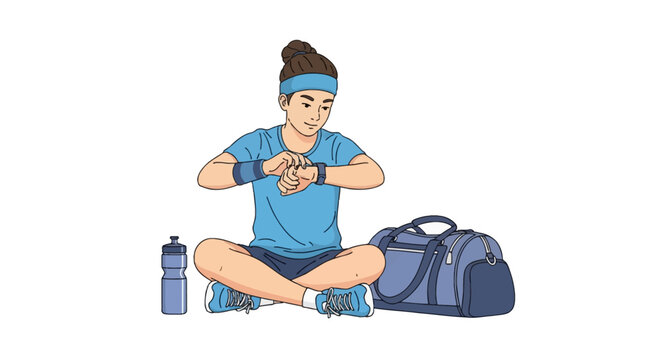 Vector illustration of a young woman athlete sitting cross-legged, wearing blue workout clothing and checking a smartwatch tracker next to a gym duffle bag and water bottle.