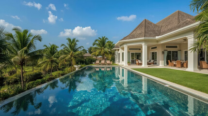 Fototapeta premium Luxury villa exterior with infinity pool and tropical garden, serene bright sky
