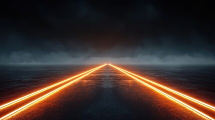 Fototapeta premium Wet asphalt road with glowing orange neon lines converging to a distant vanishing point under a dark stormy sky and low fog, creating a dramatic futuristic and eerie mood