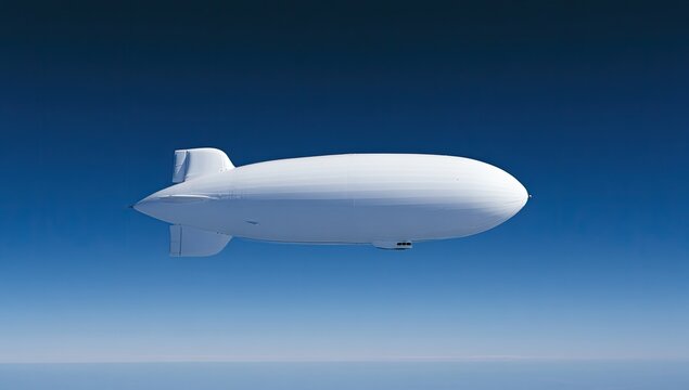 A large, white blimp floats serenely in a clear blue sky
