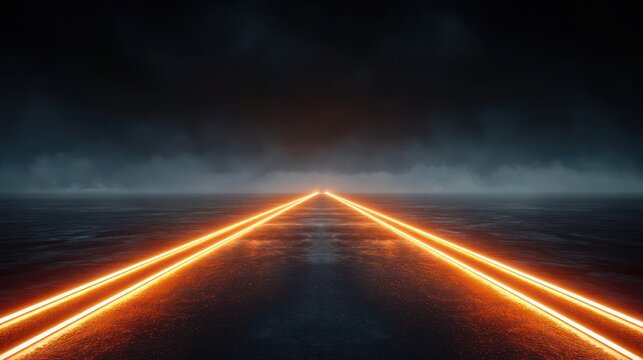 Wet asphalt road with glowing orange neon lines converging to a distant vanishing point under a dark stormy sky and low fog, creating a dramatic futuristic and eerie mood