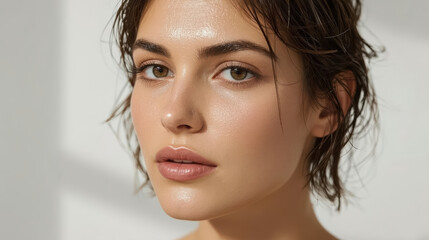 Naklejka premium Wet hair close up portrait of woman with glowing skin and neutral makeup