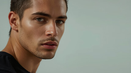 Fototapeta premium Athletic young man portrait with intense gaze, moody lighting, smooth skin texture