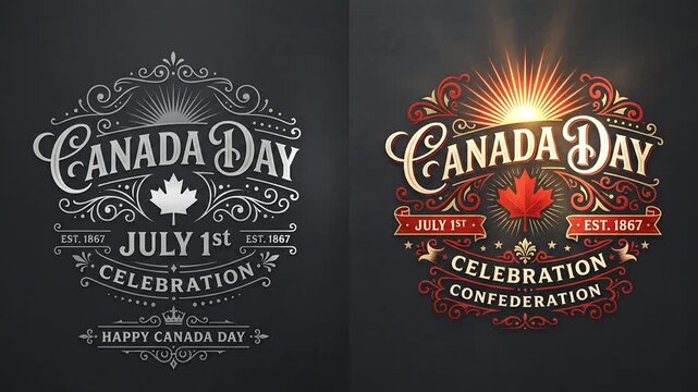 Canada Day Vintage Logo Animation with Maple Leaf on Dark Background for July 1st Celebration