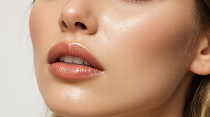 Fototapeta premium Glossy lips close up beauty portrait with dewy skin and soft lighting