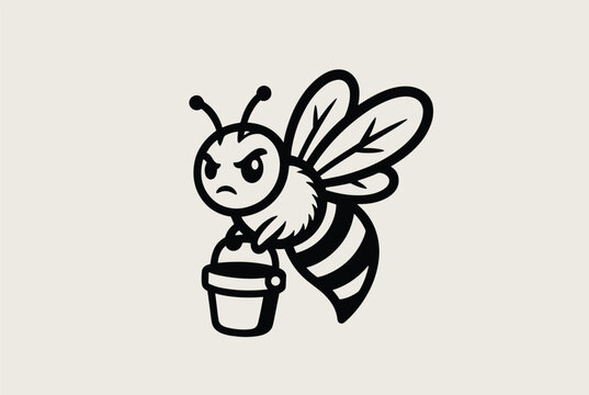 Grumpy cartoon bee carrying a small bucket depicted in a bold black and white line art style suitable for logos or icons.