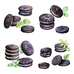 Delicious chocolate sandwich cookies with white cream filling and green mint leaf accents watercolor painting on white background © Woeng Studio