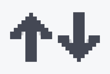 Fototapeta premium Pair of pixelated up and down arrows in a dark grey color against a light background reminiscent of retro video game graphics.